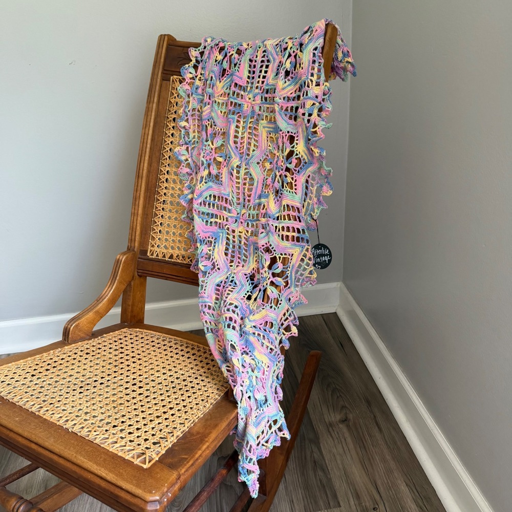 Handmade Crochet Table Runner Variegated Pastel Rainbow Cotton Doily 36x18 Boho